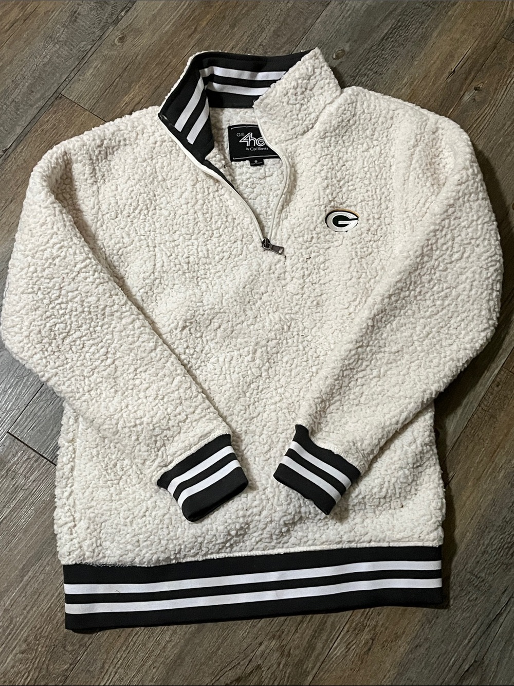 Cream Sherpa Quarter-Zip Pullover with Black Stripe Trim